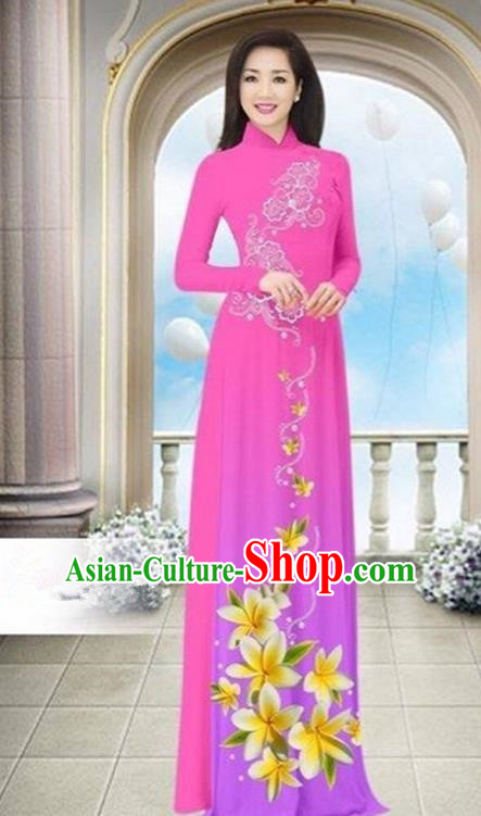 Top Grade Asian Vietnamese Traditional Dress, Vietnam Bride Ao Dai Dress Wedding Pink Printing Cheongsam Clothing for Women