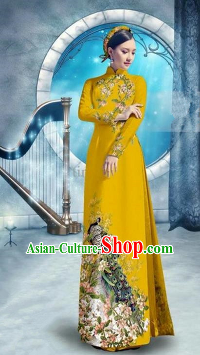 Top Grade Asian Vietnamese Traditional Dress, Vietnam Bride Ao Dai Dress, Princess Wedding Printing Peacock Yellow Cheongsam Clothing for Women