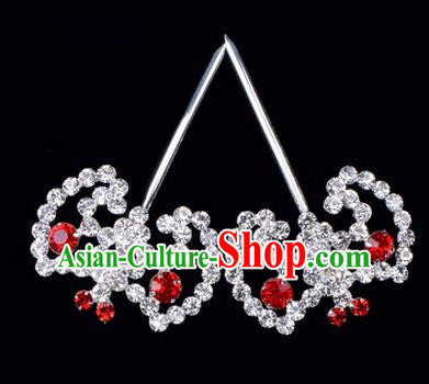 Chinese Ancient Peking Opera Hair Accessories Young Lady Bat Headwear, Traditional Chinese Beijing Opera Head Ornaments Hua Tan Red Crystal Hairpins