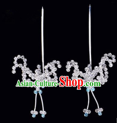 Chinese Ancient Peking Opera Hair Accessories Young Lady Headwear, Traditional Chinese Beijing Opera Head Ornaments Hua Tan Blue Crystal Bat Hairpins