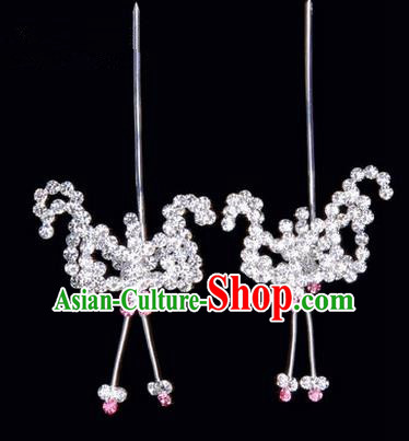 Chinese Ancient Peking Opera Hair Accessories Young Lady Headwear, Traditional Chinese Beijing Opera Head Ornaments Hua Tan Pink Crystal Bat Hairpins