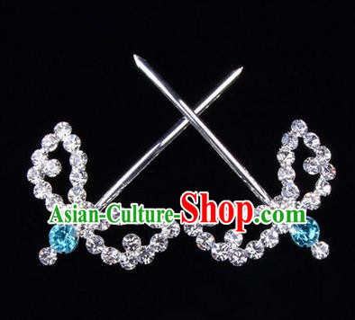 Chinese Ancient Peking Opera Hair Accessories Young Lady Headwear, Traditional Chinese Beijing Opera Head Ornaments Hua Tan Blue Crystal Willow Leaf Hairpins