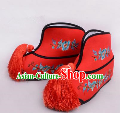 Chinese Ancient Peking Opera Blues Martial Lady Embroidered Boots, Traditional China Beijing Princess Opera Red Embroidered Shoes