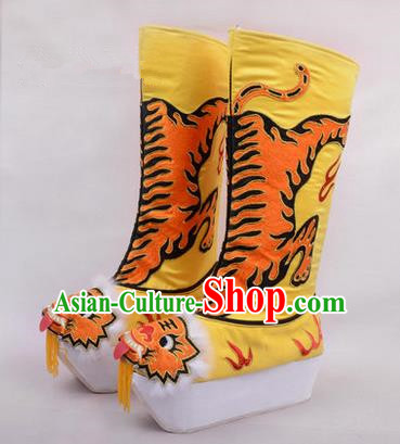 Chinese Ancient Peking Opera King Embroidered High Leg Boots, Traditional China Beijing Emperor Opera Yellow Embroidered Steller Shoes
