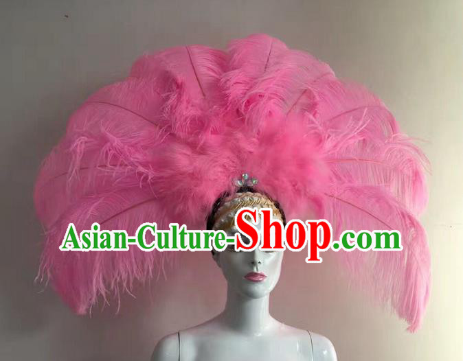 Top Grade Professional Stage Show Halloween Long Feather Headpiece Hat, Brazilian Rio Carnival Samba Opening Dance Pink Feather Headwear for Women