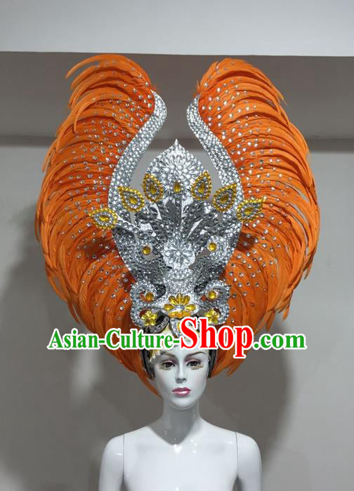 Top Grade Professional Stage Show Halloween Crystal Feather Headpiece Hat, Brazilian Rio Carnival Samba Opening Dance Orange Feather Headwear for Women