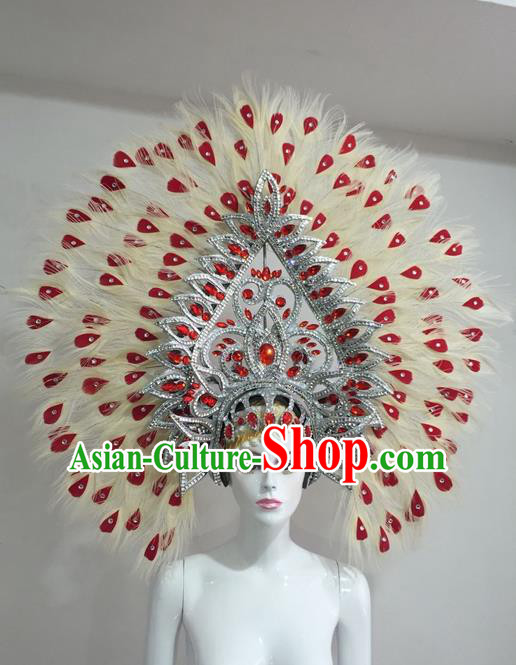 Top Grade Professional Stage Show Halloween Red Crystal Feather Headpiece Hat, Brazilian Rio Carnival Samba Opening Dance Feather Headwear for Women