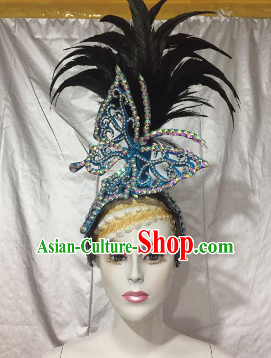 Top Grade Professional Stage Show Halloween Feather Headpiece Blue Exaggerate Hat, Brazilian Rio Carnival Samba Opening Dance Hair Accessories Headwear for Women