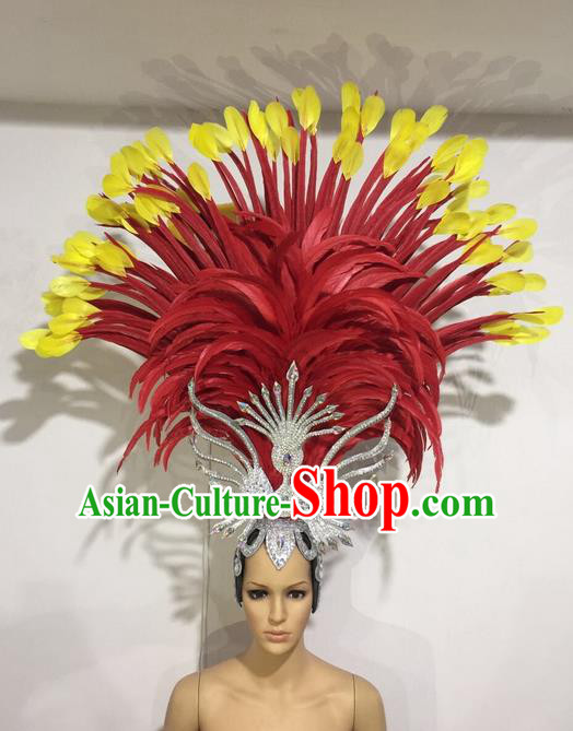 Top Grade Professional Stage Show Halloween Red Feather Headpiece Exaggerate Hat, Brazilian Rio Carnival Samba Opening Dance Hair Accessories Cleopatra Headwear for Women