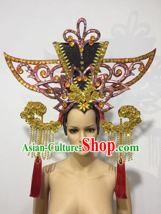 Top Grade Professional Stage Show Halloween Queen Headpiece Exaggerate Hat, Brazilian Rio Carnival Samba Opening Dance Imperial Empress Hair Accessories Headwear for Women