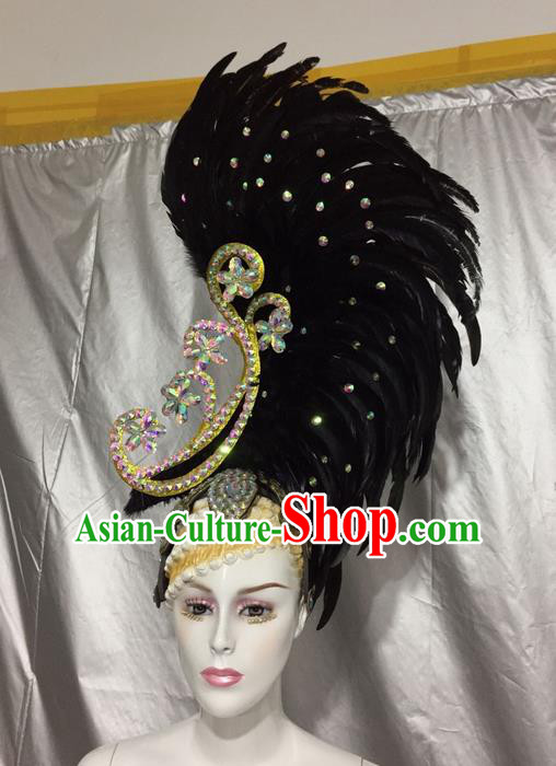 Top Grade Professional Stage Show Colorful Crystal Headpiece Hat, Brazilian Rio Carnival Samba Opening Dance Black Feather Headwear for Women