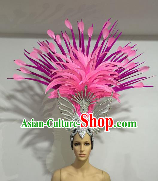 Top Grade Professional Stage Show Halloween Headpiece Pink Feather Hat, Brazilian Rio Carnival Samba Opening Dance Imperial Empress Hair Accessories Headwear for Women