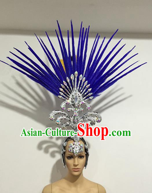 Top Grade Professional Stage Show Giant Headpiece Blue Feather Big Hair Accessories Decorations, Brazilian Rio Carnival Samba Opening Dance Hat Headwear for Women