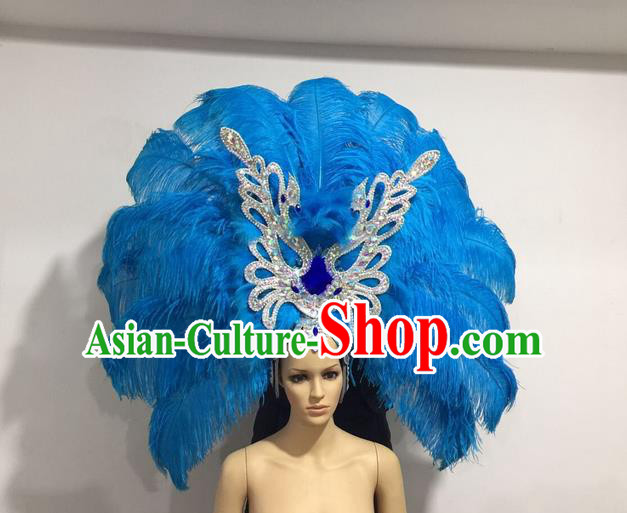 Top Grade Professional Stage Show Giant Headpiece Blue Feather Big Hair Accessories Butterfly Decorations, Brazilian Rio Carnival Samba Opening Dance Hat Headwear for Women