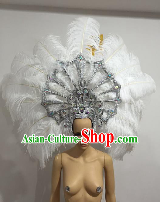 Top Grade Professional Stage Show Giant Headpiece White Feather Big Hair Accessories Crystal Decorations, Brazilian Rio Carnival Samba Opening Dance Headwear for Women