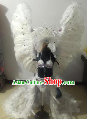 Top Grade Professional Performance Catwalks Swimsuit Costume with Wings, Traditional Brazilian Rio Carnival Samba Modern Fancywork White Feather Clothing for Kids