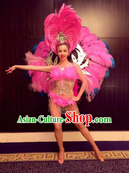Top Grade Professional Performance Catwalks Bikini Swimsuit with Wings, Traditional Brazilian Rio Carnival Samba Modern Fancywork Pink Feather Clothing for Women
