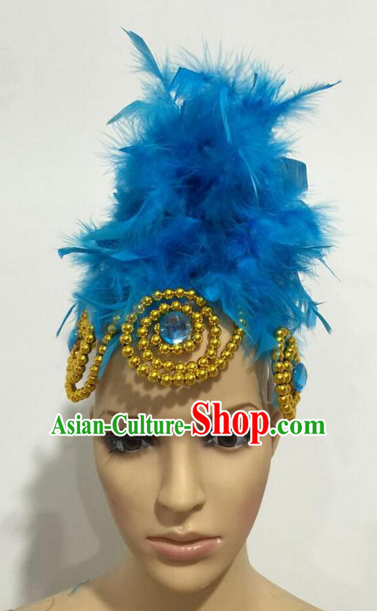 Top Grade Professional Stage Show Giant Headpiece Parade Hair Accessories, Brazilian Rio Carnival Samba Opening Dance Imperial Empress Blue Feather Headwear for Women