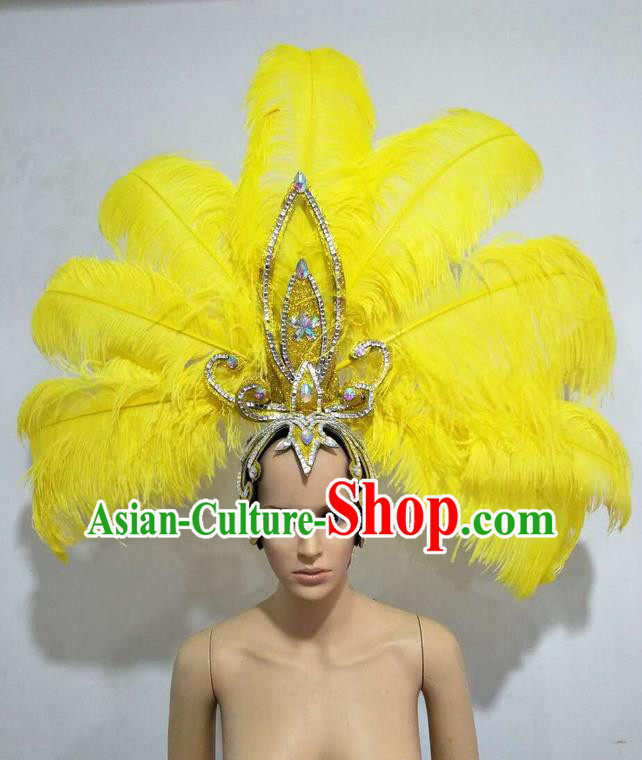 Top Grade Professional Stage Show Giant Headpiece Parade Big Hair Accessories Decorations, Brazilian Rio Carnival Samba Opening Dance Yellow Feather Headdresses for Women