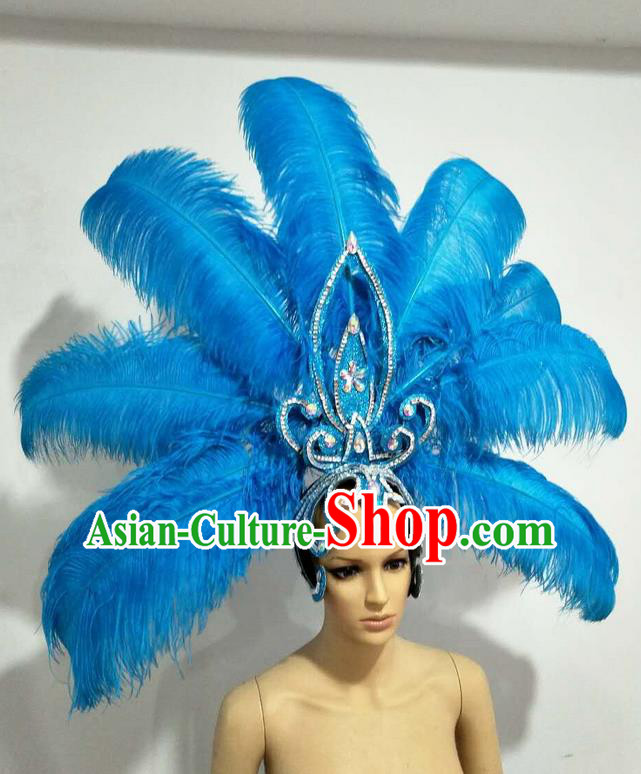 Top Grade Professional Stage Show Giant Headpiece Parade Big Hair Accessories Decorations, Brazilian Rio Carnival Samba Opening Dance Blue Feather Headdresses for Women