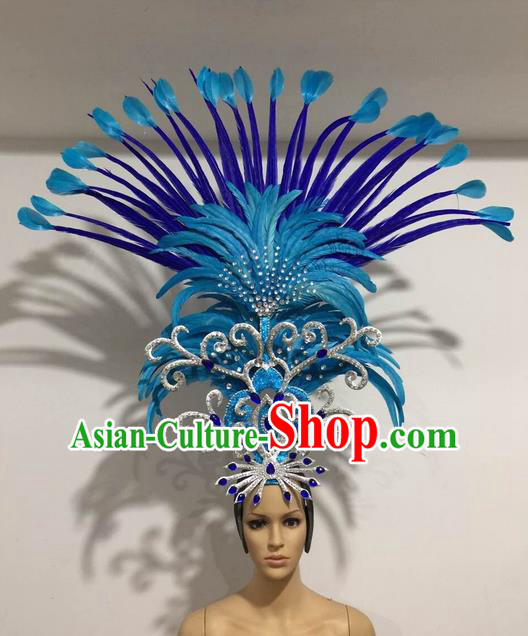 Top Grade Professional Stage Show Halloween Giant Headpiece Blue Feather Hat, Brazilian Rio Carnival Samba Opening Dance Imperial Empress Hair Accessories Headwear for Women