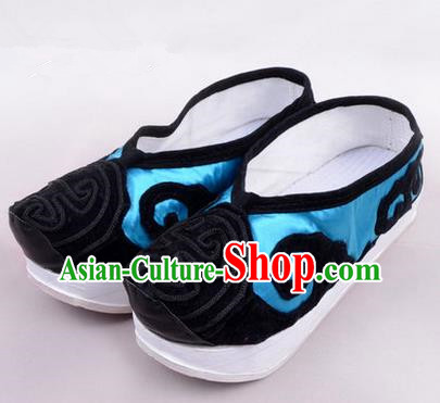 Chinese Ancient Peking Opera Huangmei Opera Old Men High Sole Shoes, Traditional China Beijing Opera Male Milord Blue Embroidered Shoes