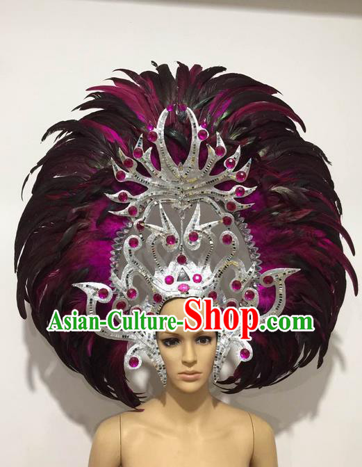 Top Grade Professional Stage Show Halloween Giant Headpiece Feather Hat, Brazilian Rio Carnival Samba Opening Dance Imperial Empress Hair Accessories Headwear for Women