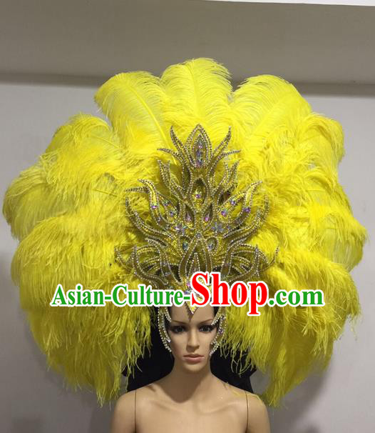 Top Grade Professional Stage Show Halloween Giant Headpiece Yellow Feather Hat, Brazilian Rio Carnival Samba Opening Dance Imperial Empress Hair Accessories Headwear for Women