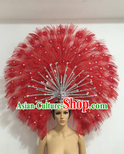 Top Grade Professional Stage Show Giant Headpiece Red Feather Big Hair Accessories Decorations, Brazilian Rio Carnival Samba Opening Dance Headwear for Women