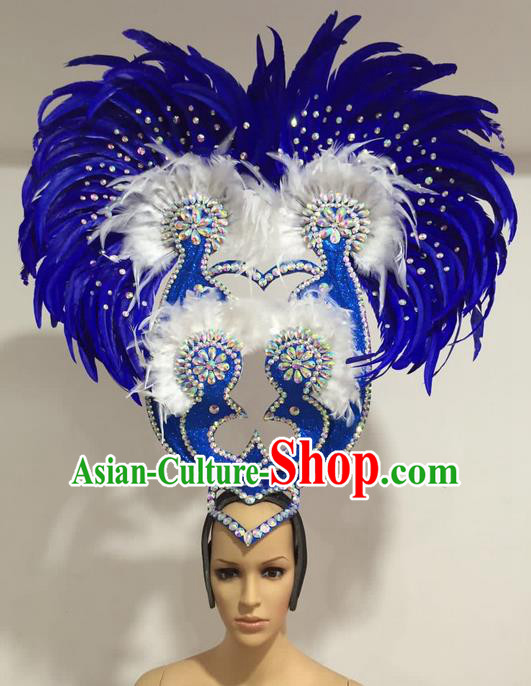 Top Grade Professional Stage Show Giant Headpiece Blue Feather Big Hair Accessories Decorations, Brazilian Rio Carnival Samba Opening Dance Headwear for Women