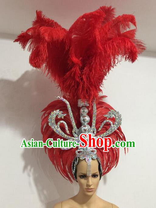 Top Grade Professional Stage Show Giant Headpiece Parade Giant Red Feather Hair Accessories Decorations, Brazilian Rio Carnival Samba Opening Dance Headwear for Women