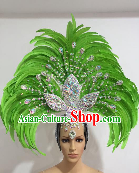Top Grade Professional Stage Show Giant Headpiece Crystal Green Feather Hair Accessories Decorations, Brazilian Rio Carnival Samba Opening Dance Headwear for Women
