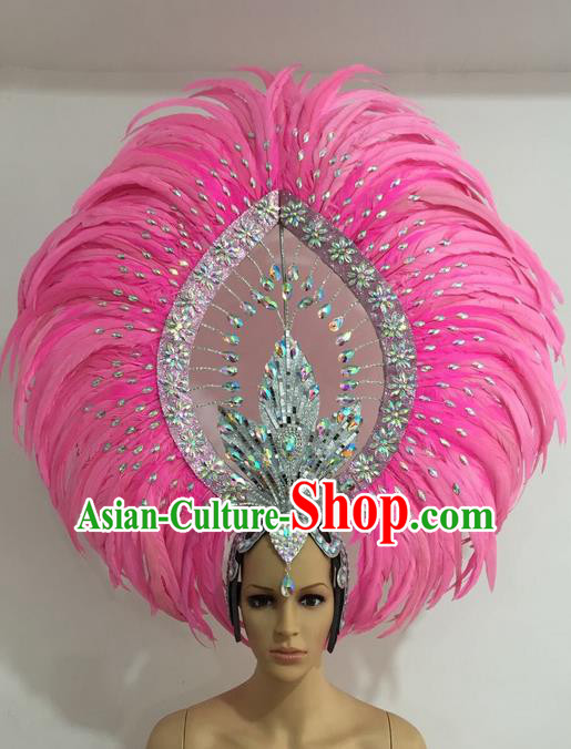 Top Grade Professional Stage Show Giant Headpiece Parade Giant Pink Feather Crystal Hair Accessories Decorations, Brazilian Rio Carnival Samba Opening Dance Headwear for Women
