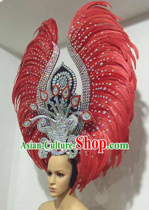 Top Grade Professional Stage Show Giant Headpiece Parade Giant Crystal Hair Accessories Red Feather Queen Decorations, Brazilian Rio Carnival Samba Opening Dance Headwear for Women