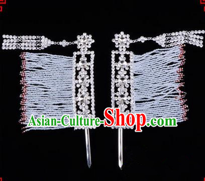 Chinese Ancient Peking Opera Hair Accessories Young Lady Diva Crystal Hairpins White Temples Curtain, Traditional Chinese Beijing Opera Hua Tan Head Ornaments
