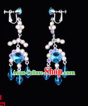 Chinese Ancient Peking Opera Head Accessories Young Lady Diva Colorful Crystal Blue Earring, Traditional Chinese Beijing Opera Hua Tan Eardrop