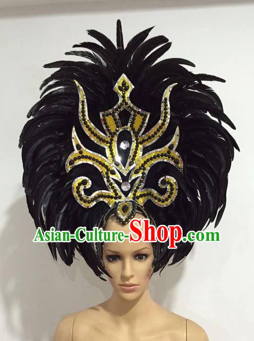 Top Grade Professional Stage Show Giant Headpiece Black Feather Big Hair Accessories Decorations, Brazilian Rio Carnival Samba Opening Dance Headwear for Women