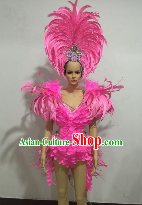Top Grade Professional Performance Catwalks Swimsuit Costumes, Traditional Brazilian Rio Carnival Samba Suits Modern Fancywork Pink Feather Bikini Clothing for Women