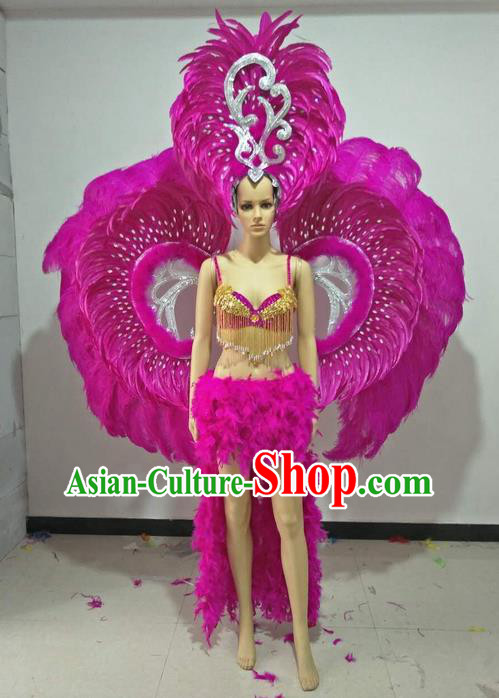 Top Grade Professional Performance Catwalks Swimsuit Costumes with Wings Headpiece, Traditional Brazilian Rio Carnival Samba Suits Modern Fancywork Rosy Feather Bikini for Women