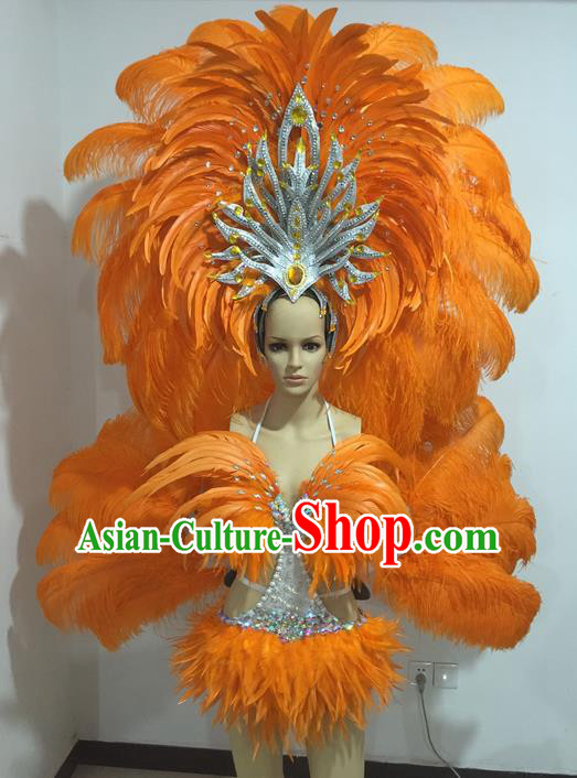 Top Grade Professional Performance Catwalks Swimsuit Costumes with Wings, Traditional Brazilian Rio Carnival Samba Suits Modern Fancywork Orange Feather Bikini Clothing for Women