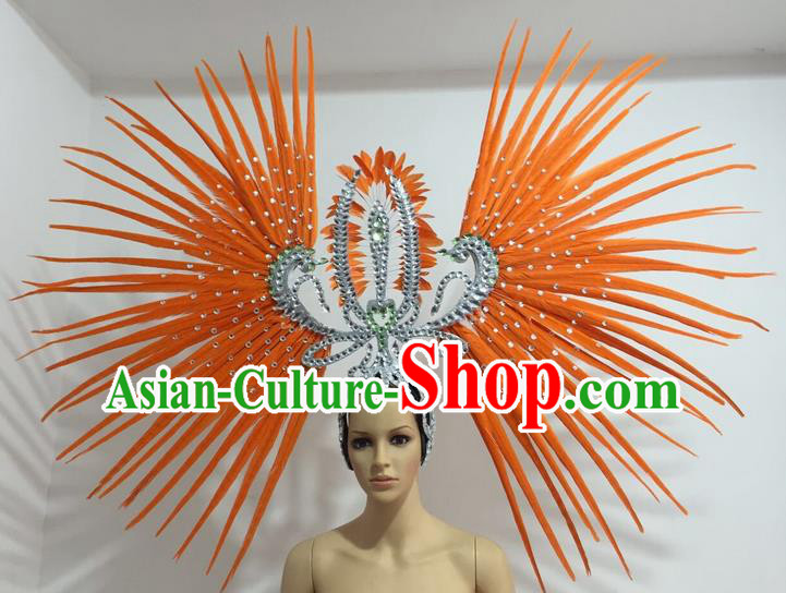 Top Grade Professional Stage Show Giant Headpiece Parade Hair Accessories Decorations, Brazilian Rio Carnival Samba Opening Dance Orange Feather Headdress for Women