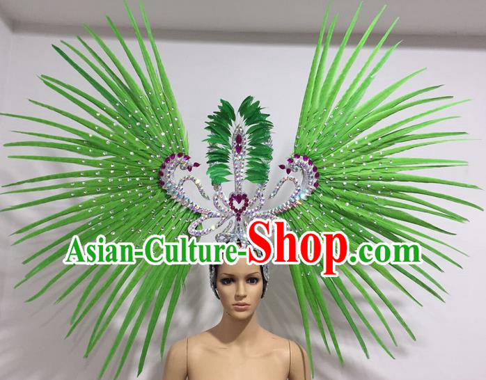 Top Grade Professional Stage Show Giant Headpiece Parade Hair Accessories Decorations, Brazilian Rio Carnival Samba Opening Dance Green Feather Headdress for Women