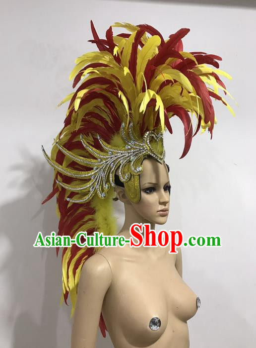 Top Grade Professional Stage Show Giant Headpiece Parade Hair Accessories Decorations, Brazilian Rio Carnival Samba Opening Dance Red Feather Hats for Women
