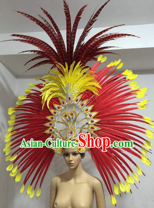 Top Grade Professional Stage Show Big Hair Accessories Decorations, Brazilian Rio Carnival Samba Opening Dance Red Feather Headpiece for Women
