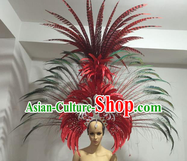 Top Grade Professional Stage Show Giant Headpiece Parade Hair Accessories Deluxe Decorations, Brazilian Rio Carnival Samba Opening Dance Red Feather Hats for Women