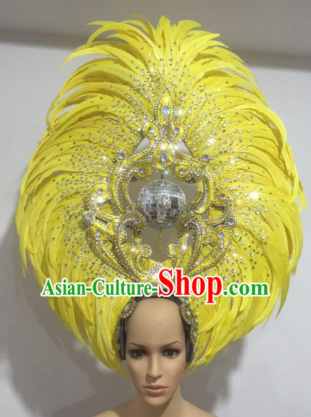Top Grade Professional Stage Show Halloween Big Hair Accessories Decorations, Brazilian Rio Carnival Samba Opening Dance Yellow Feather Headpiece for Women
