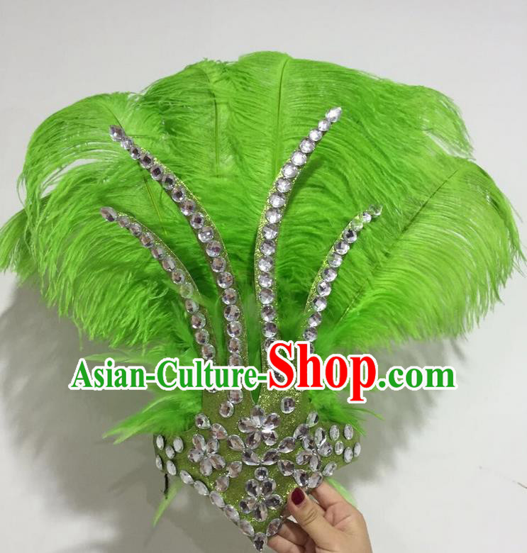 Top Grade Professional Stage Show Halloween Hair Accessories Decorations, Brazilian Rio Carnival Parade Samba Opening Dance Green Feather Headpiece for Women