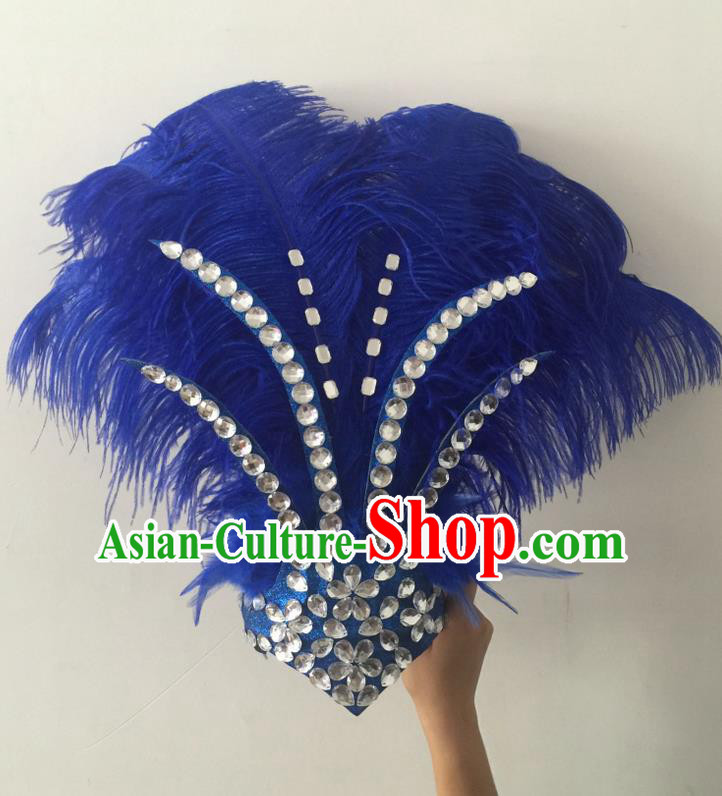 Top Grade Professional Stage Show Halloween Hair Accessories Decorations, Brazilian Rio Carnival Parade Samba Opening Dance Royalblue Feather Headpiece for Women