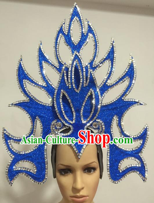 Top Grade Professional Stage Show Giant Headpiece Parade Hair Accessories Decorations, Brazilian Rio Carnival Samba Opening Dance Blue Headwear for Women