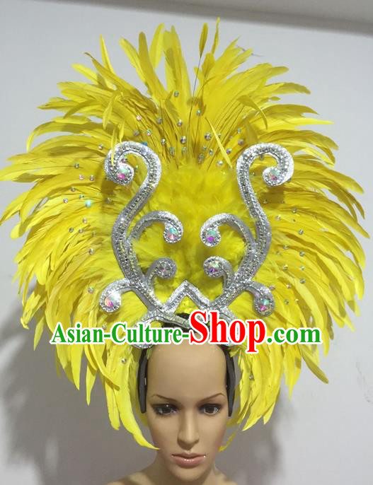 Top Grade Professional Stage Show Halloween Halloween Hair Accessories Decorations, Brazilian Rio Carnival Parade Samba Dance Modern Fancywork Yellow Feather Headpiece for Women